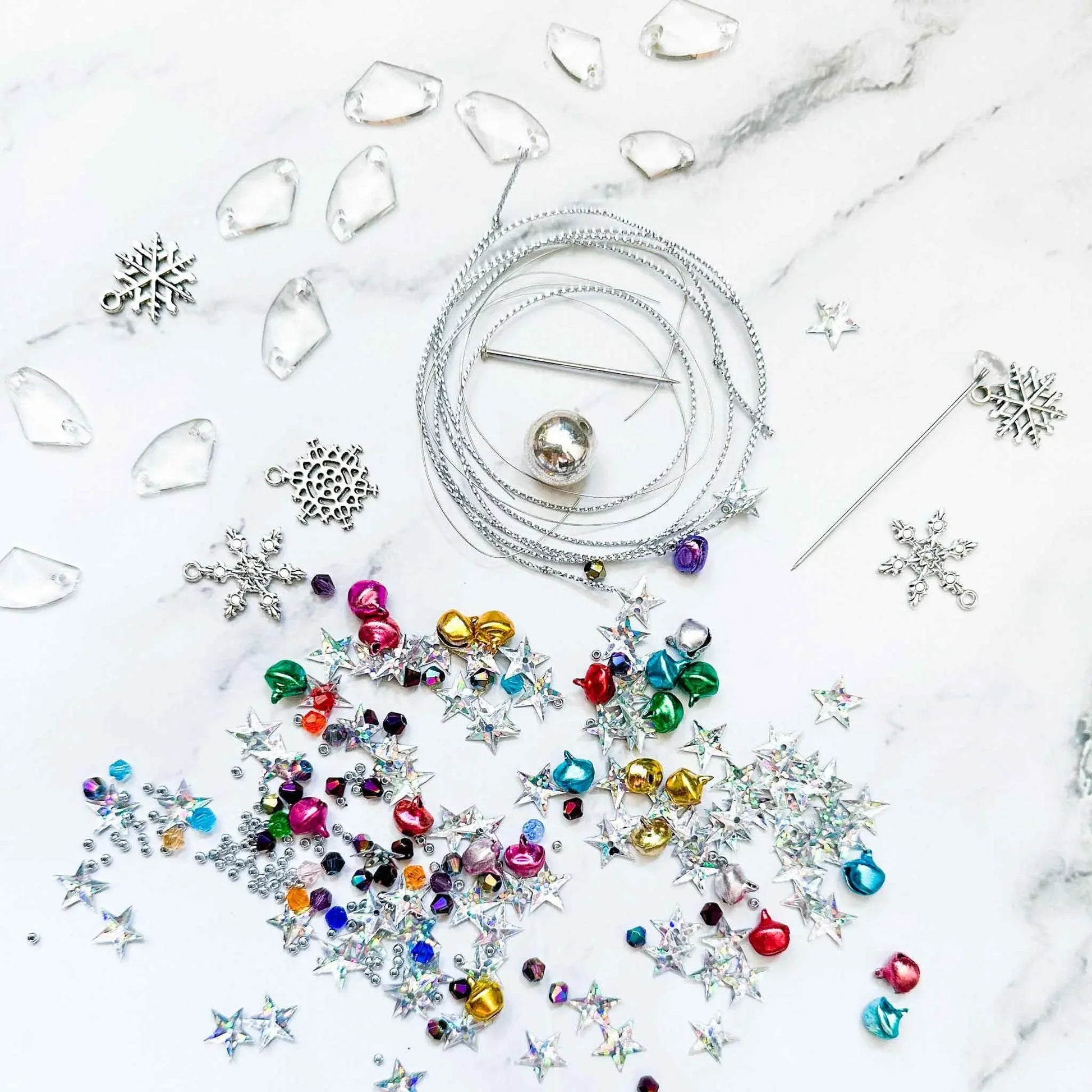 Jingle Bells Christmas Satin Ornament Kit-Materials include metallic cord, satin ball, sequins, crystal beads, rhinestones, and  alloy snowflakes.