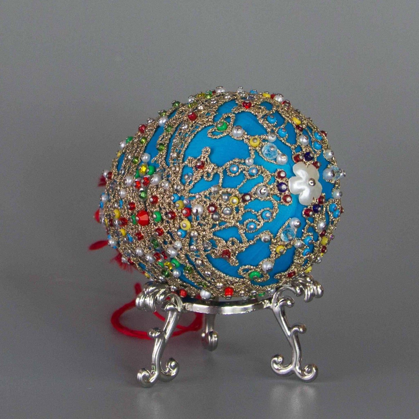 Cute bottom detail of a handmade Easter Beaded Ornament  from Whim5seasons -  skillfully crafted using high quality seed beads and imitation pearls. (Sky Blue)