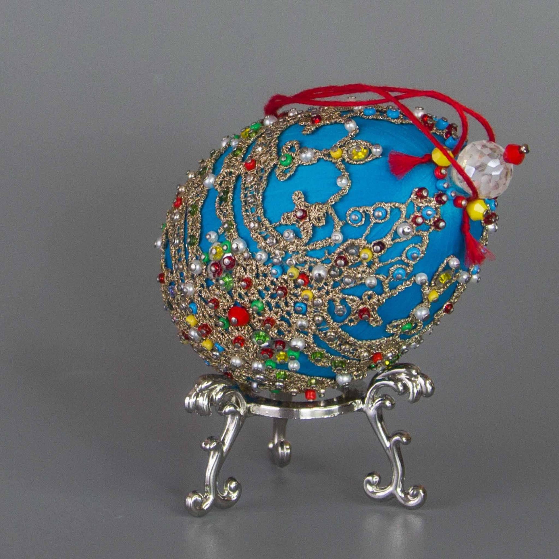 Handmade Easter Egg Satin Ornament  from Whim5seasons is meticulously crafted using high quality seed beads and imitation pearls. (Sky Blue)