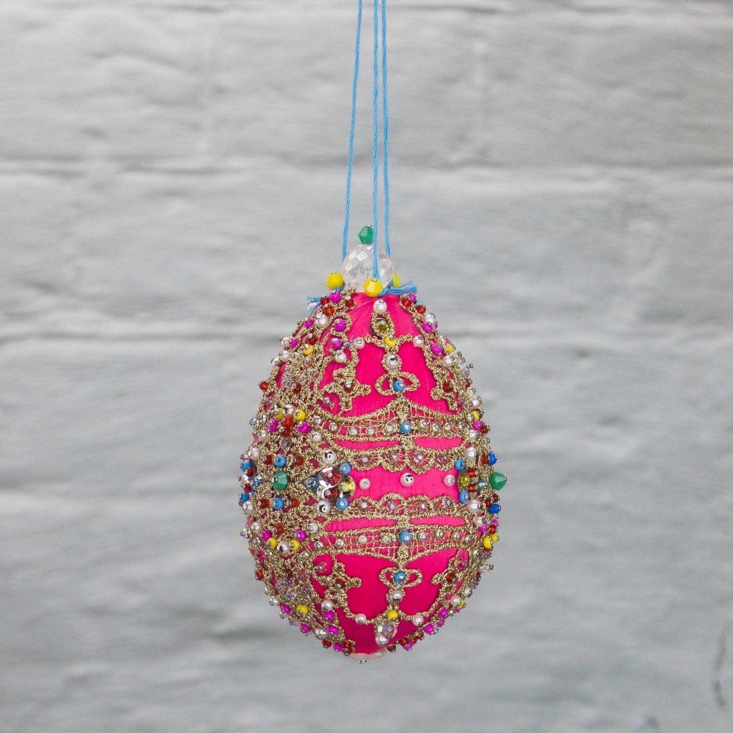 This Faberge Inspired Push Pin Easter  Ornament is one-of-a-kind from Whim5seasons. It showcases striking blue and colors with gold accents. (Deep Pink)