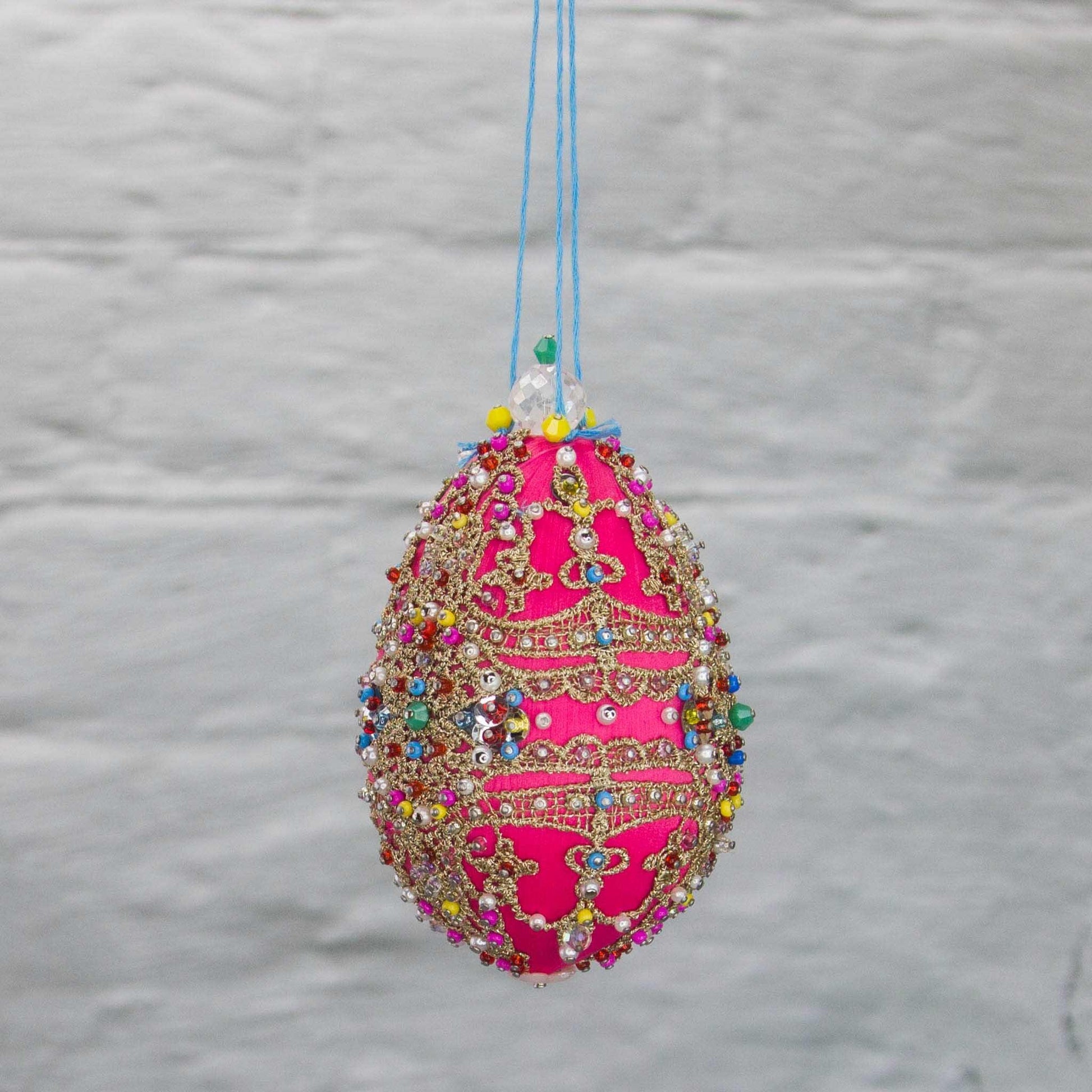 This Faberge Inspired Push Pin Easter  Ornament is one-of-a-kind from Whim5seasons. It showcases striking blue and colors with gold accents. (Deep Pink)