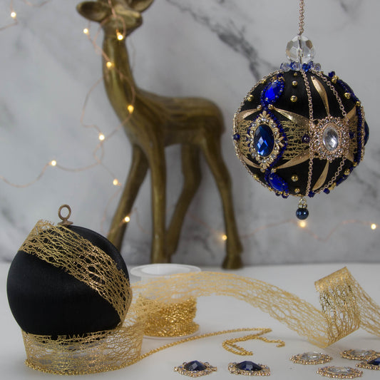 Phoenix Christmas Beaded Push Pin Satin Ornament Kit features large cameos with blue rhinestones, gold alloy accents, and rose gold chain. (Black)