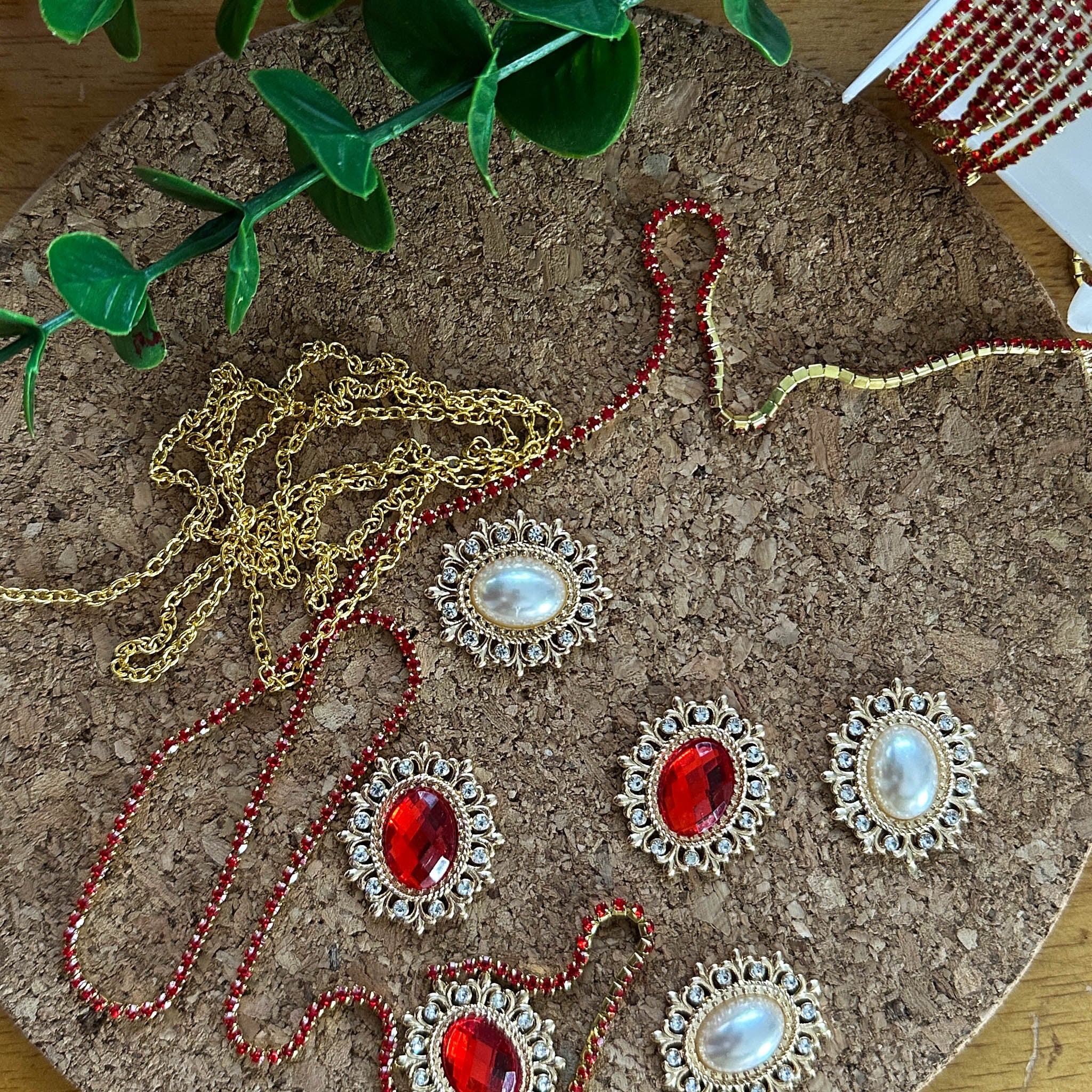 Phoenix Christmas Satin Ornament Kit-Materials include gold cobweb trim, satin ball, red crystal cameos, rhinestones, and gold alloy accents. (Coral)