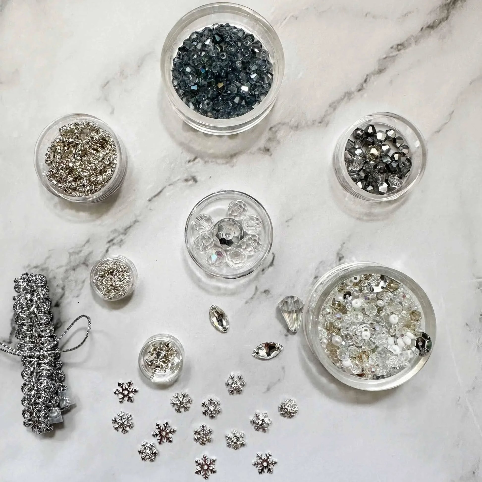 Polar Night Christmas Satin Ornament Kit-Materials include silver trim, satin ball, crystal beads, rhinestones, pearls, and mini alloy snowflakes.