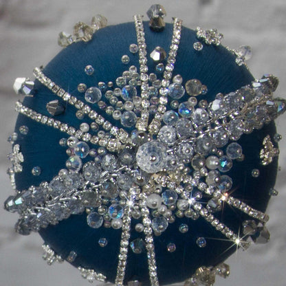 Polar Night Satin Kit -Dark Blue Christmas ornament close-up of the bottom part embellished with crystal beads and rhinestone chains, perfect for holiday tree.