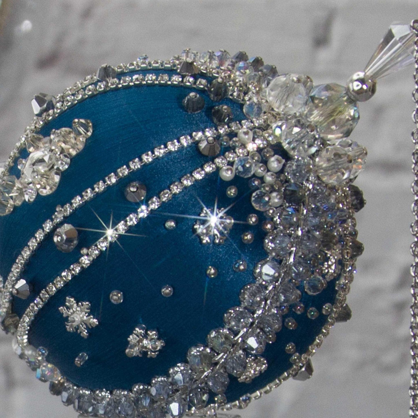Polar Night Satin Kit -Dark Blue Christmas push pin ornament close-up of the top crystal bead and rhinestone accents, perfect for holiday tree.