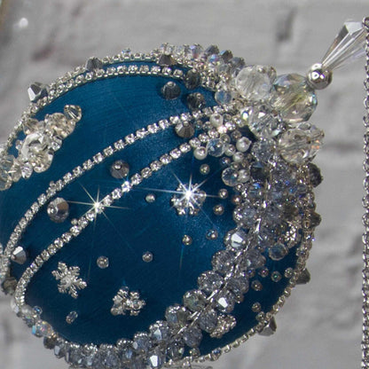 Polar Night Satin Kit -Dark Blue Christmas push pin ornament close-up of the top crystal bead and rhinestone accents, perfect for holiday tree.
