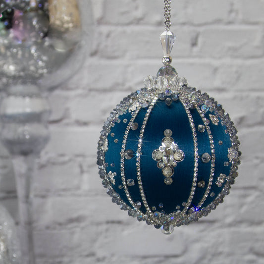 Polar Night Satin Kit -Dark Blue Christmas ornament close-up, sparkling silver beads, sequins, and rhinestone accents, perfect for holiday decoration.