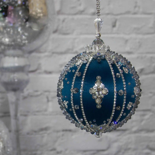 Polar Night Satin Kit -Dark Blue Christmas ornament close-up, sparkling silver beads, sequins, and rhinestone accents, perfect for holiday decoration.