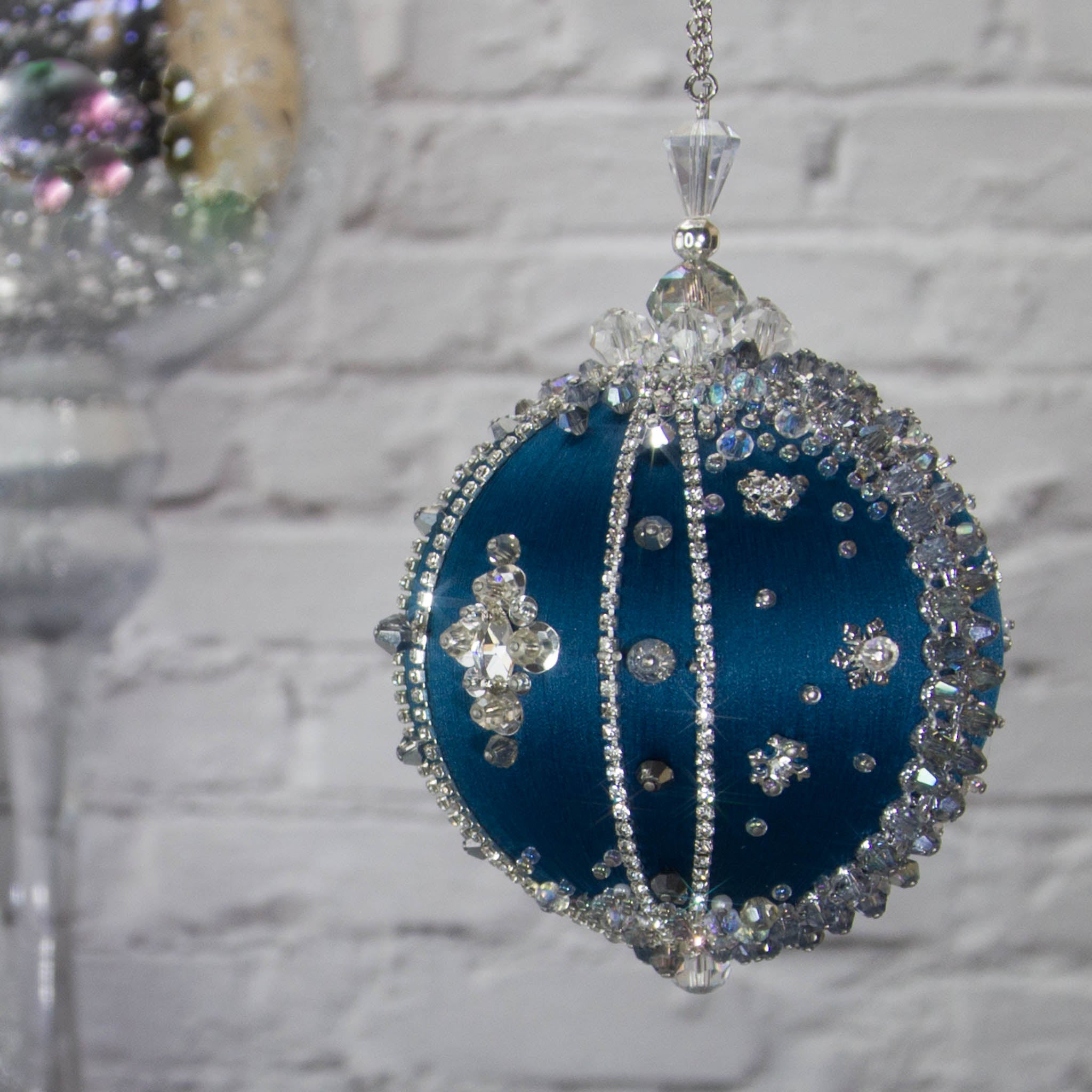 Polar Night Satin Kit -Dark Blue Christmas ornament close-up, sparkling silver beads, sequins, and rhinestone accents, perfect for holiday decoration.