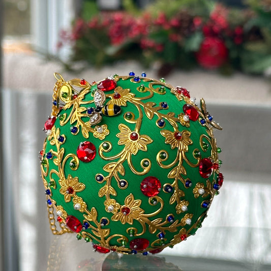Quam Handmade Ornament  from Whim5seasons makes a unique gift - rich colors, gold accents, bee charm, festive design. (Green)