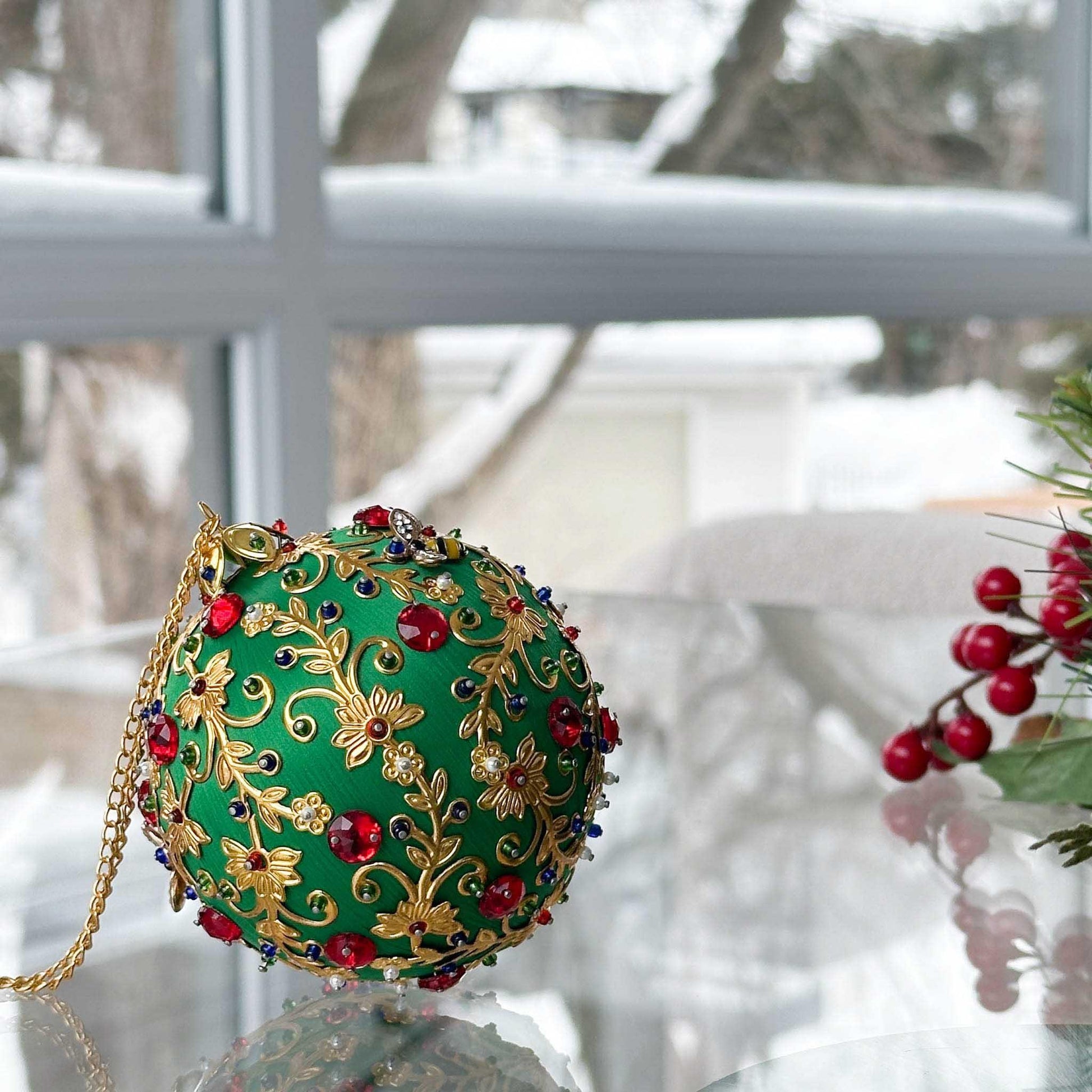 Quam Push Pin Ornament Kit Beaded Sequin Vintage Green by the window. (Green)