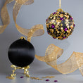 Load image into Gallery viewer, Quam Beginner-Friendly Push Pin Ornament Kit features black satin ball, gold embellishments, and purple rhinestones. (Black) 
