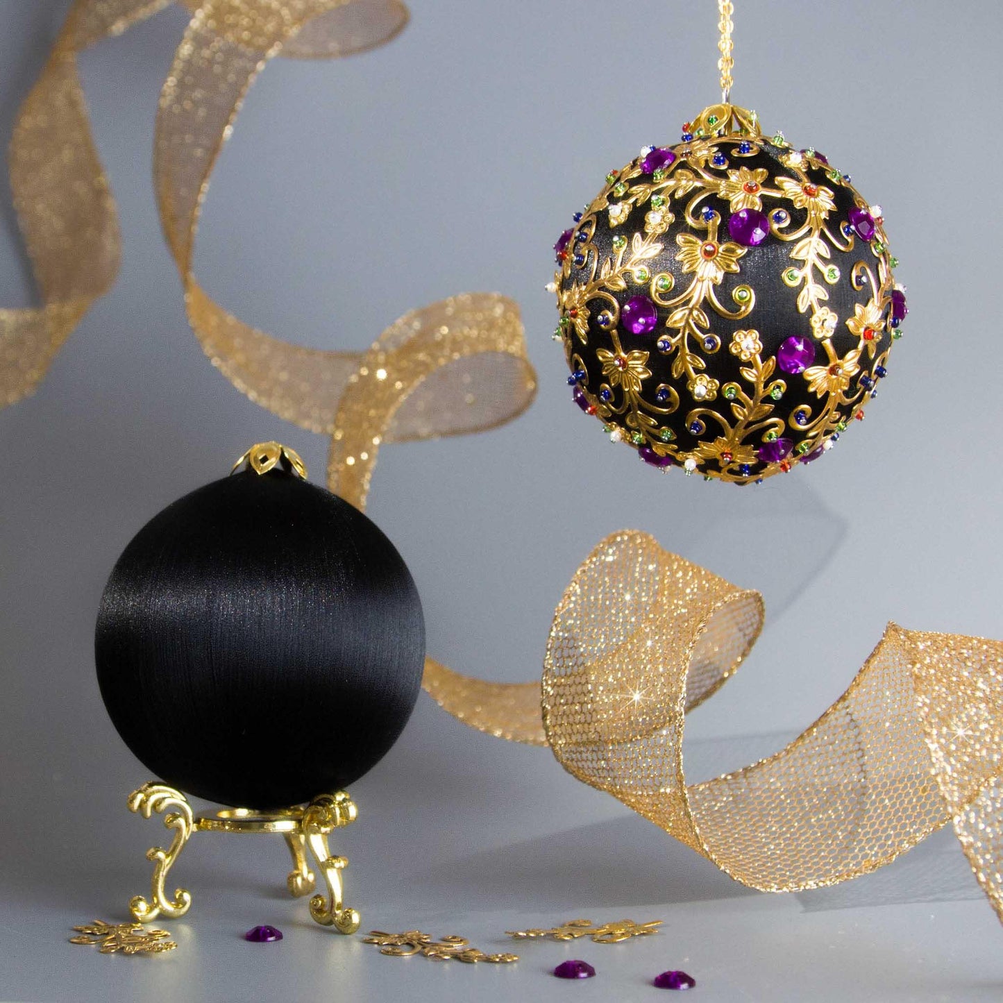 Quam Beginner-Friendly Push Pin Ornament Kit features black satin ball, gold embellishments, and purple rhinestones. (Black) 