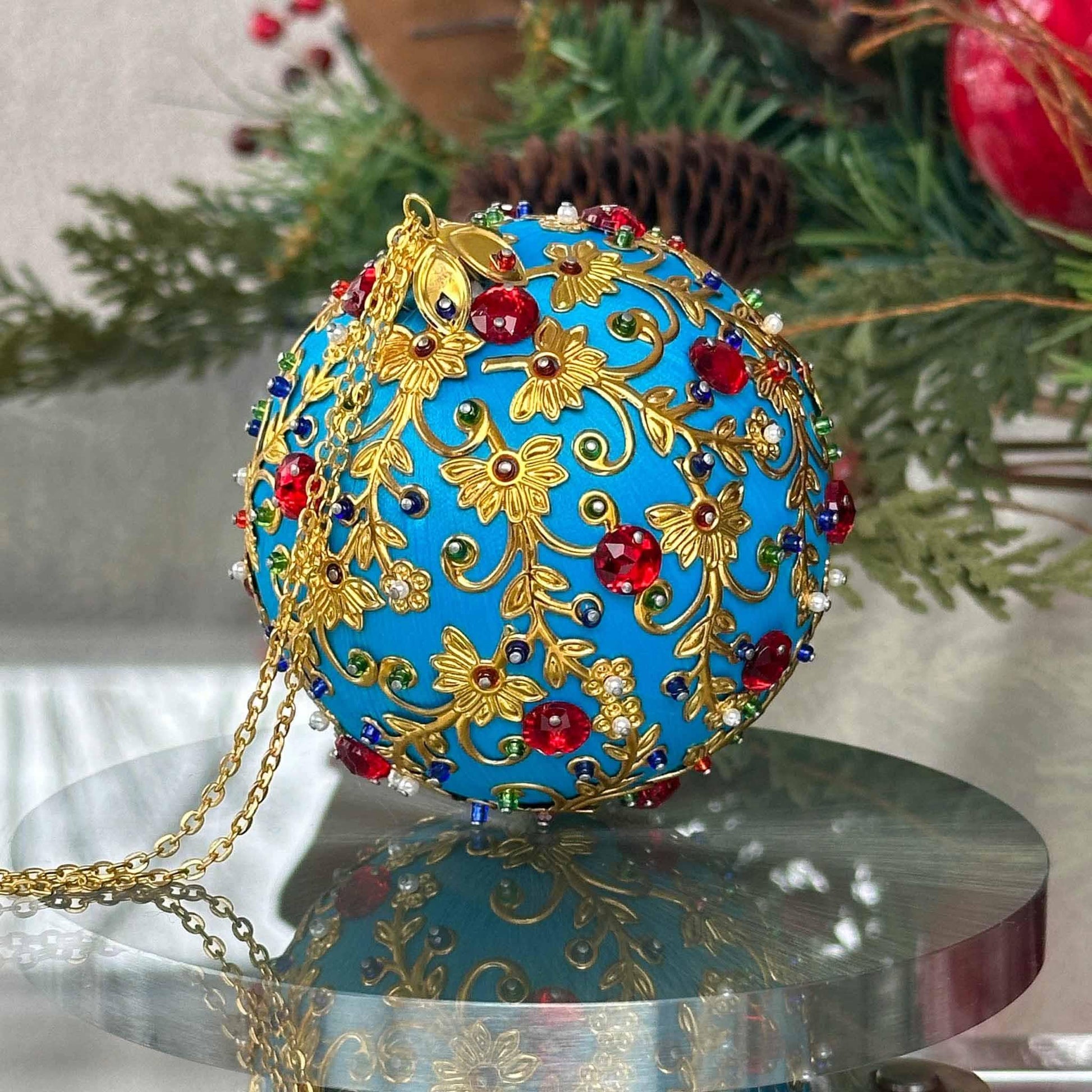 Quam Handmade Ornament  from Whim5seasons makes a unique gift - sky blue color, gold accents, festive design. (Sky Blue)