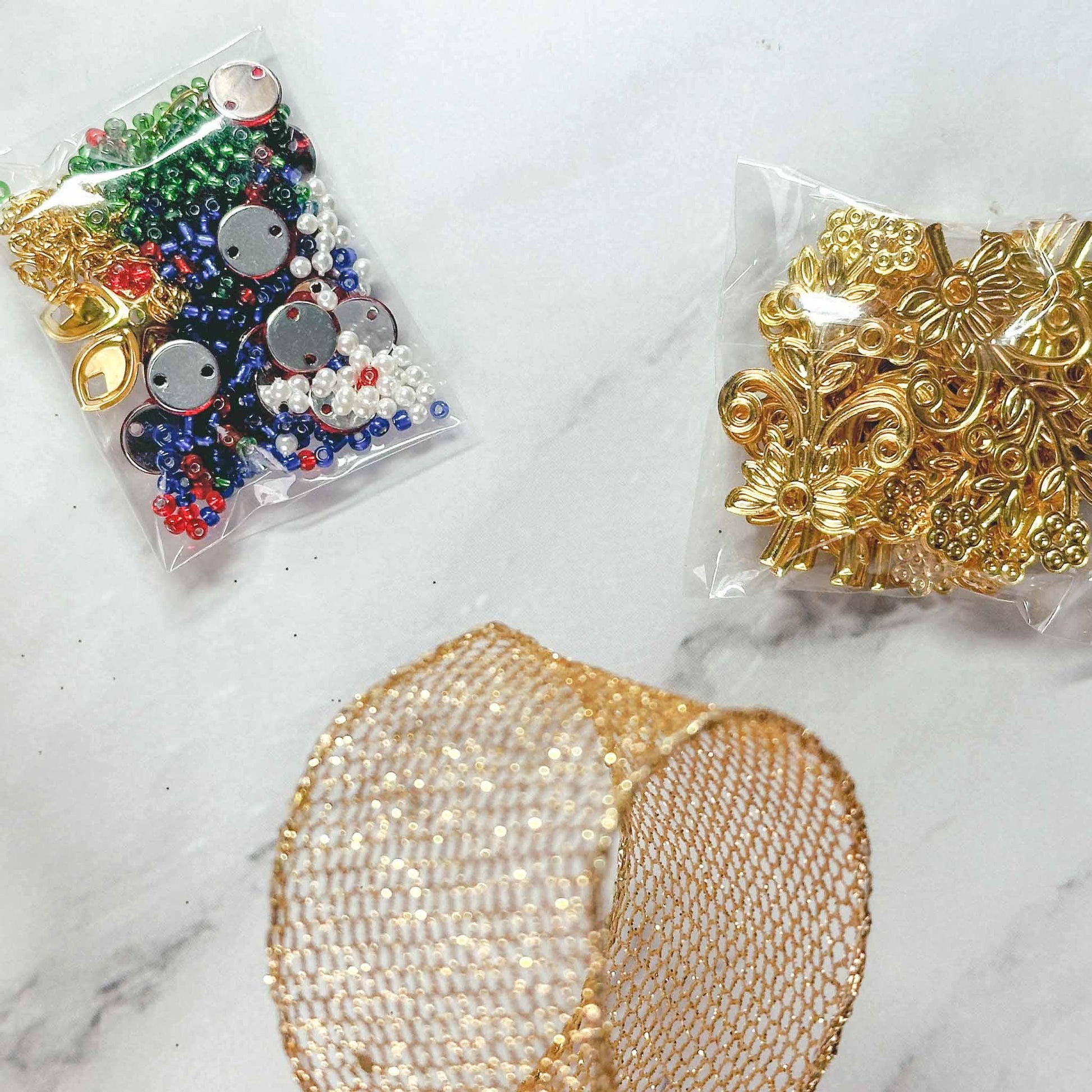 Quam Beaded Ornament Kit - Materials needed to complete the Beginner-Friendly project: beads, metal stampings. (Dark Slate Blue)