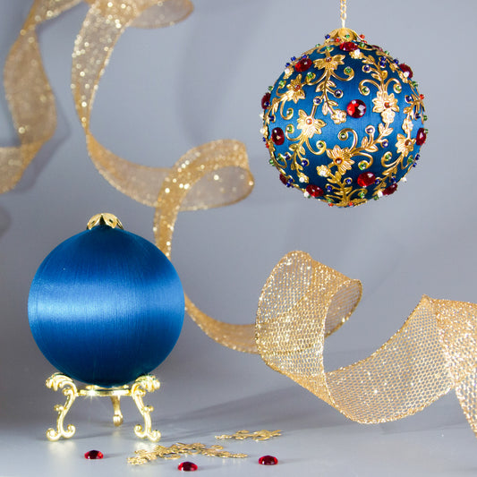 Quam Beginner-Friendly Push Pin Ornament Kit features gold metal stampings, red rhinestones, and gold chain. (Dark Slate Blue)