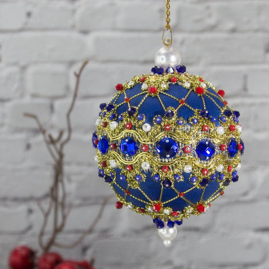 Scheherazade Handmade Satin Ornament -Festive blue ball with indigo rhinestones, sparkling gold trim, sequins, red bicone beads, and metallic cord.  (Dark Slate Blue)
