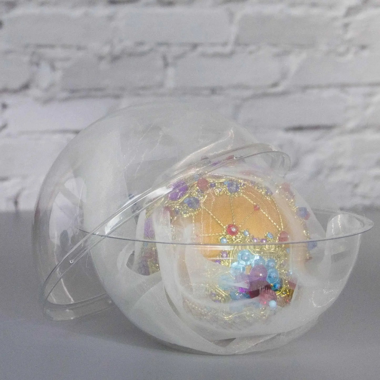  Scheherazade Handmade Satin Ornament -Festive mustard-colored ball with purple  rhinestones, gold trim, sequins, in a container. (Gold) 