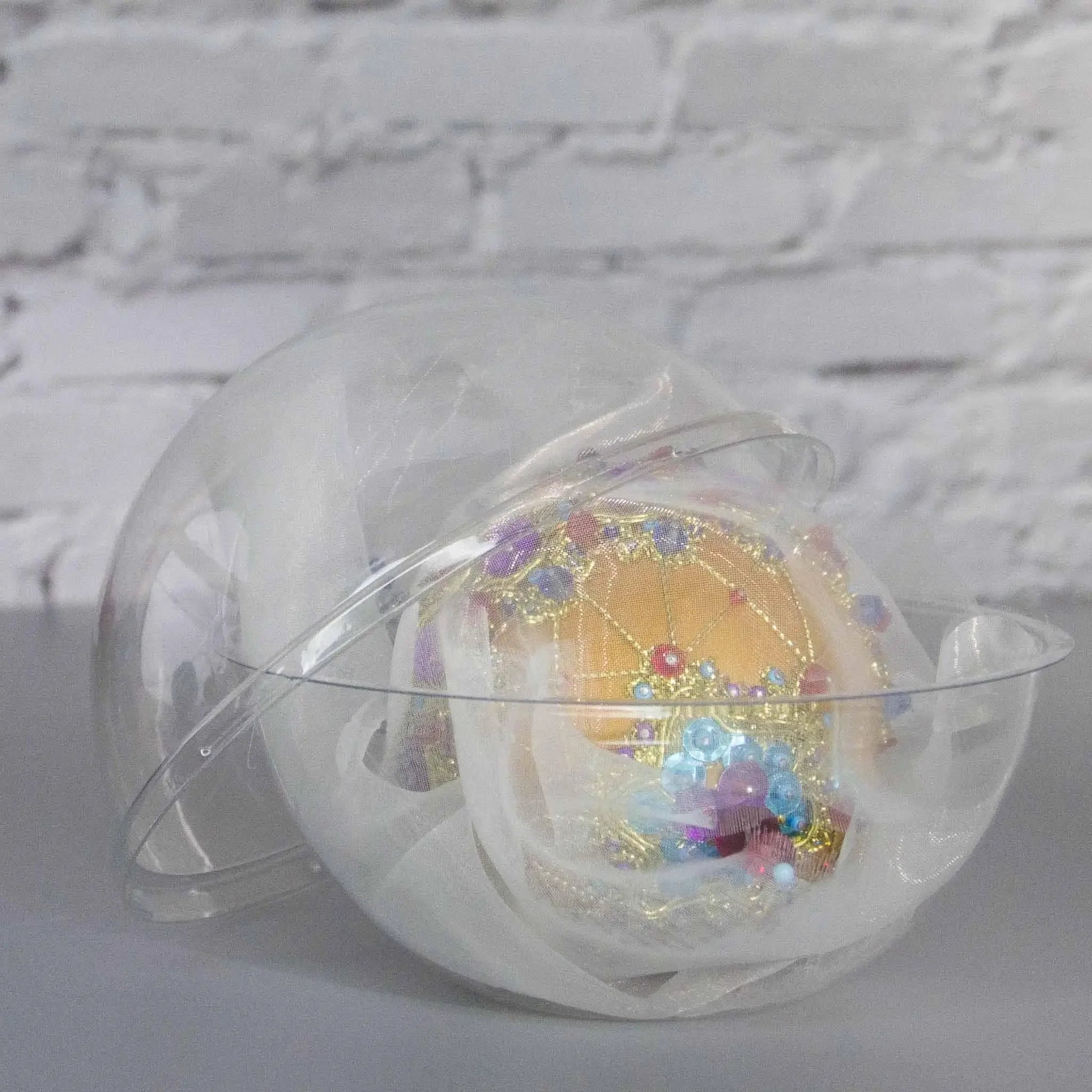  Scheherazade Handmade Satin Ornament -Festive mustard-colored ball with purple  rhinestones, gold trim, sequins, in a container. (Gold) 