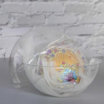  Scheherazade Handmade Satin Ornament -Festive mustard-colored ball with purple  rhinestones, gold trim, sequins, in a container. (Gold) 