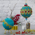 Load image into Gallery viewer, Scheherazade Satin Ornament Kit-Elegant DIY Christmas push pin kit, featuring red rhinestones, interlacesd gold cord, sequins, and metallic trim, set with crafting materials. (Light Sea Green)
