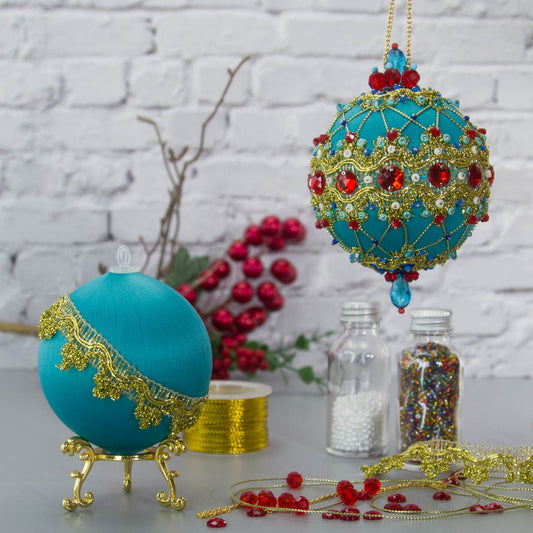 Scheherazade Satin Ornament Kit-Elegant DIY Christmas push pin kit, featuring red rhinestones, interlacesd gold cord, sequins, and metallic trim, set with crafting materials. (Light Sea Green)