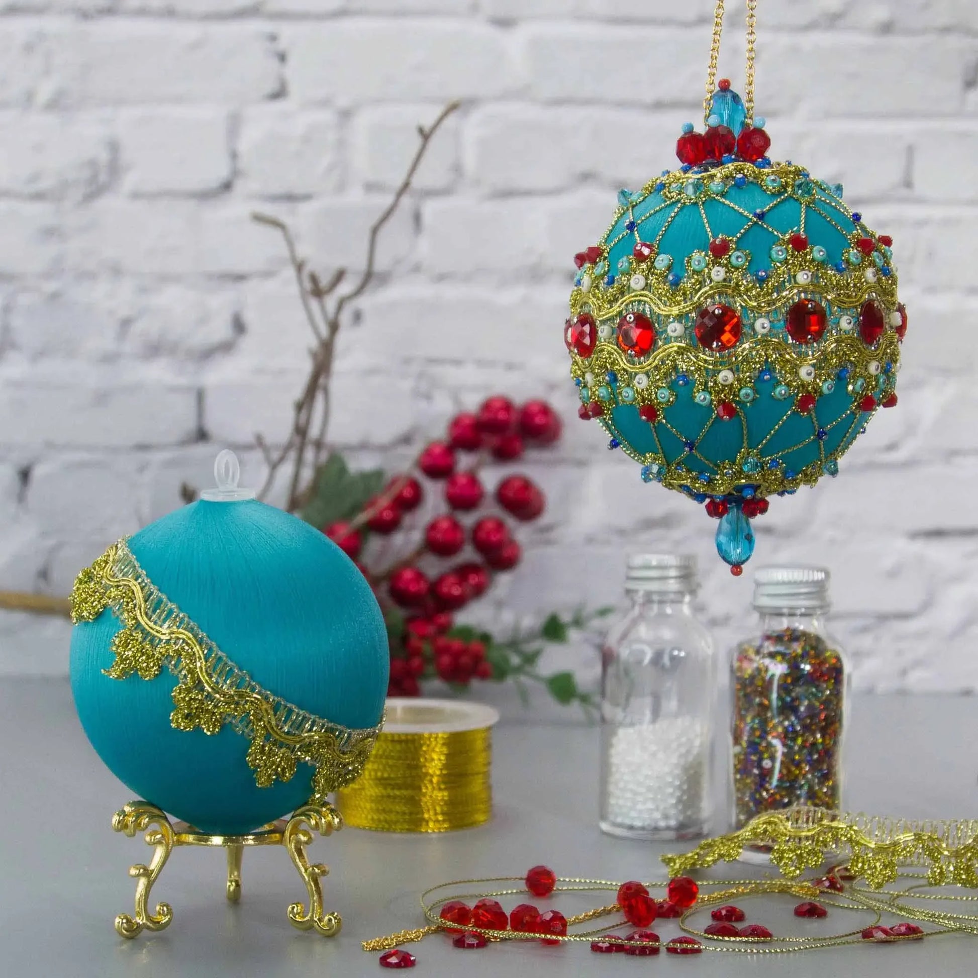 Scheherazade Satin Ornament Kit-Elegant DIY Christmas push pin kit, featuring red rhinestones, interlacesd gold cord, sequins, and metallic trim, set with crafting materials. (Light Sea Green)