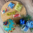 Load image into Gallery viewer, Scheherazade  Satin Beaded Ornament Kit - All the materials needed to produce bright Christmas push pin decoration, featuring red rhinestones, red bicone beads, sequins, and metallic cord, perfect for holiday crafting. (Light Sea Green)
