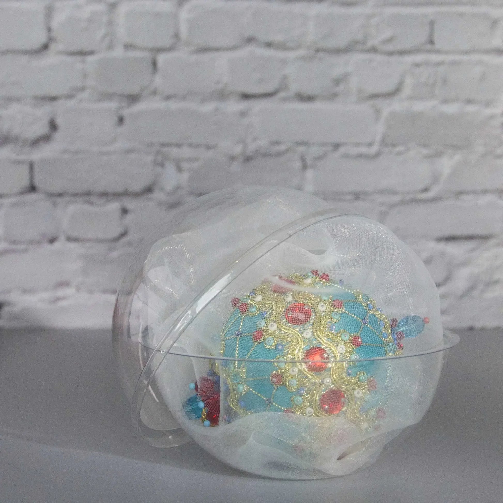 Scheherazade Handmade Satin Ornament in a handy clear round container for storage - from Whim5seasons, packaging. (LightSeaGreen)