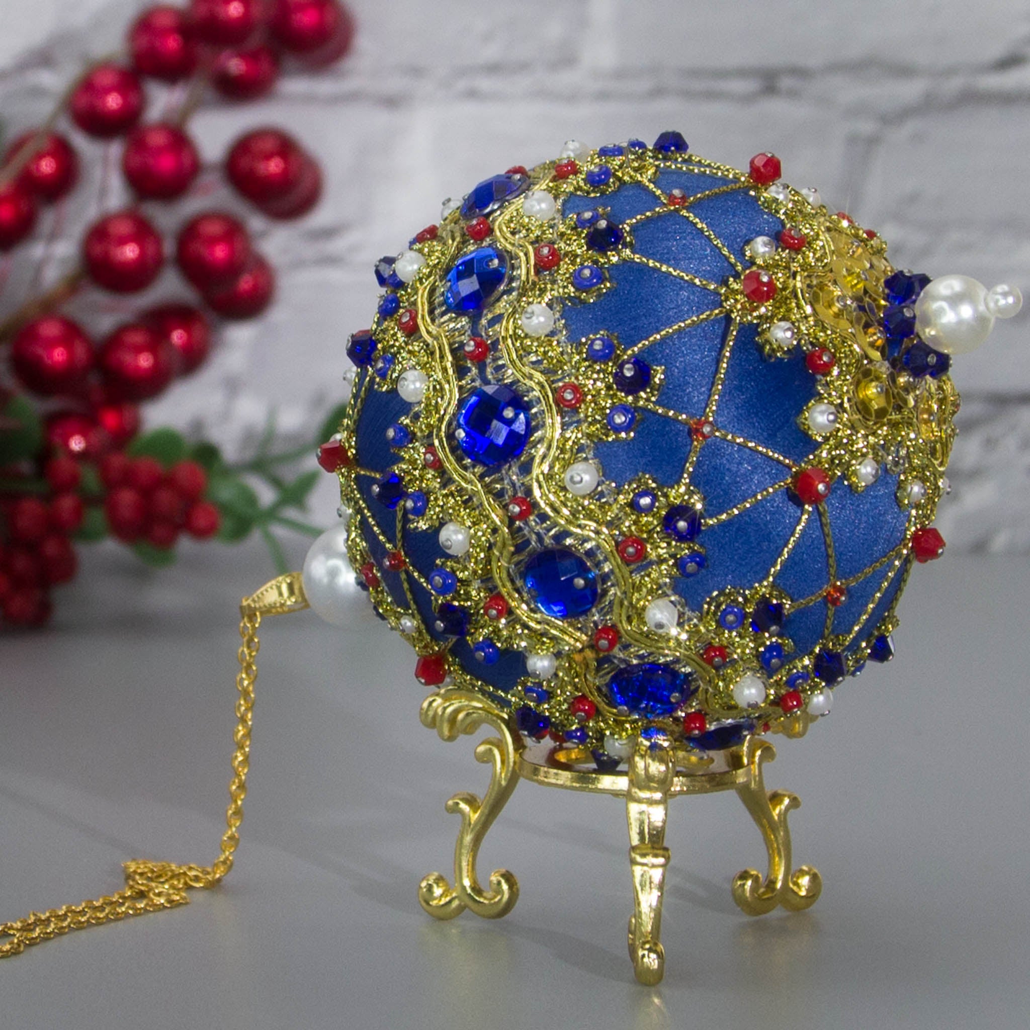 Scheherazade Handmade Satin Beaded Ornament - Bottom Detail Close-Up. Gold stand, gold chain, sequins.  (Dark Slate Blue)