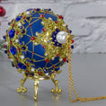 Load image into Gallery viewer, Scheherazade Handmade Satin Ornament -Top Close-Up Pearl Detail. Festive blue ball with indigo rhinestones, sparkling gold trim, sequins, red bicone beads, and metallic cord.  (Dark Slate Blue)
