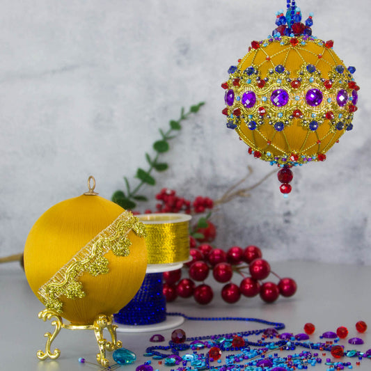 Scheherazade Satin Ornament Kit-Elegant DIY Christmas push pin kit, featuring blue rhinestones, sparkling gold trim, sequins, and metallic cord, perfect for holiday crafting, set along with crafting materials. (Gold)