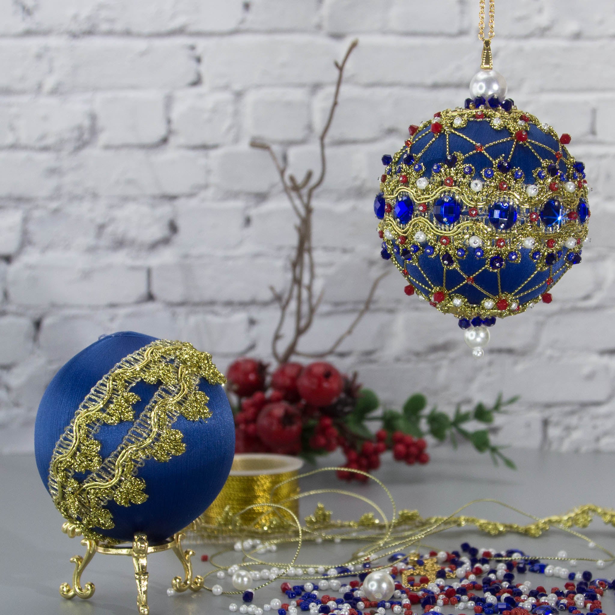 Christmas Sequin Satin Ornament Push Pin Kit for adults DIY Vintage Scheherazade blue