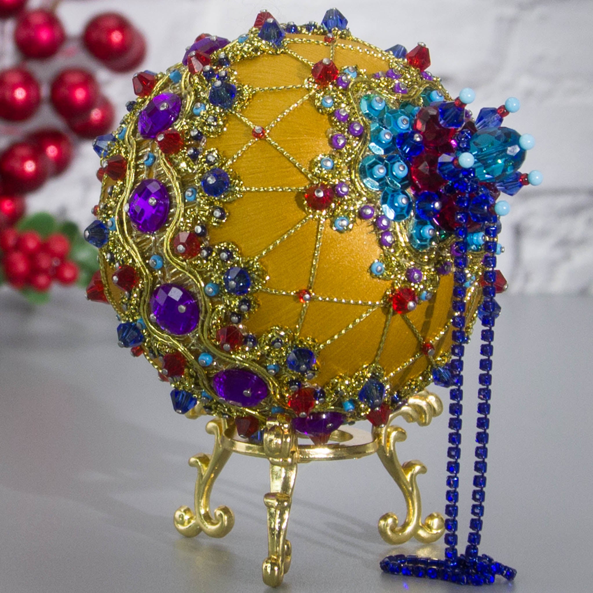 Christmas Sequin Satin Ornament Push Pin Kit for adults DIY Vintage Scheherazade yellow top detail