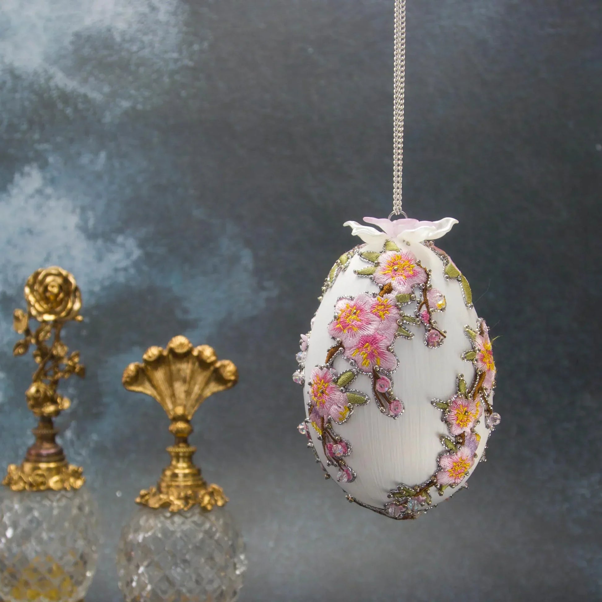 Handmade Easter Egg Satin Ornament  by Whim5seasons - DIY white satin egg meticulously crafted with embroidery patches, hundreds of beads, and silver cording. (White)
