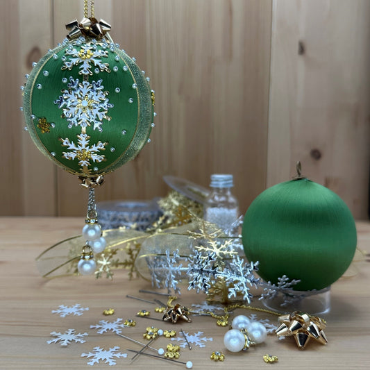 Snowflake Christmas Satin Push Pin Ornament Kit includes all you need to make a sage green ball ornament with white and silver accents. (Olive)