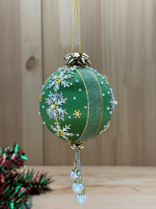 Snowflake Handmade Christmas Satin  Ornament featuring gold decorative metal bow charms and large hanging pearls. (Olive)