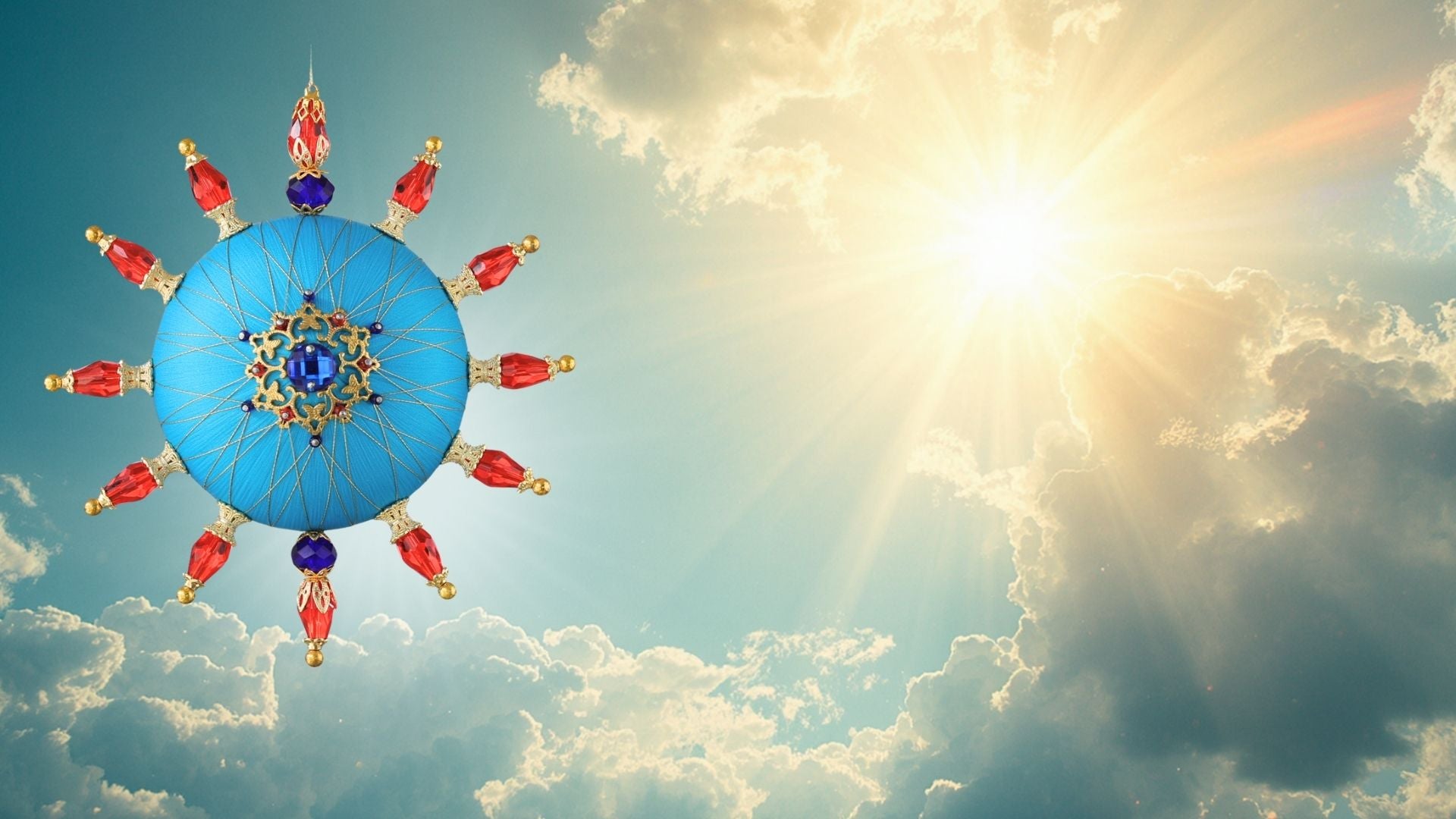 Sunshine, bright skies, with a handmade push pin ornament featuring red and blue glass beads and real gold embellishments by Whim5seasons.