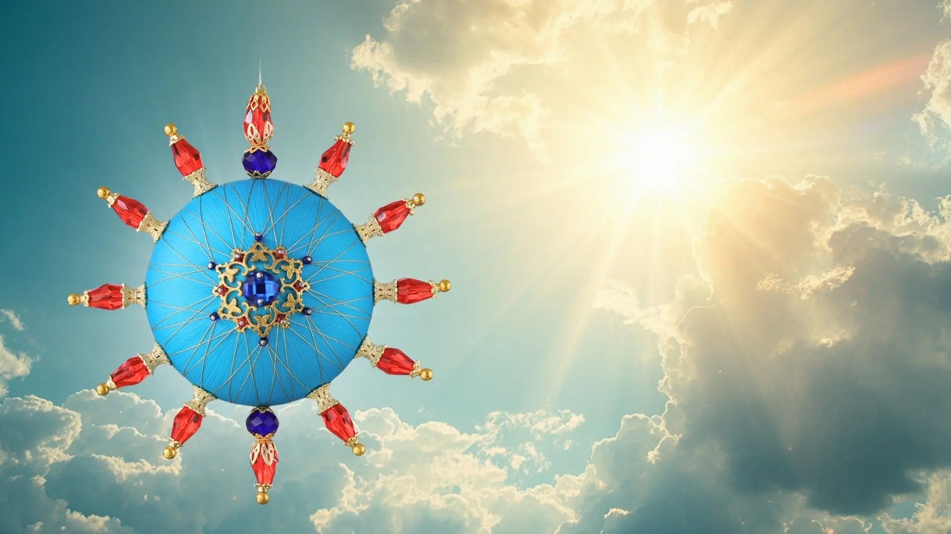 Sunshine, bright skies, with a handmade push pin ornament featuring red and blue glass beads and real gold embellishments by Whim5seasons.