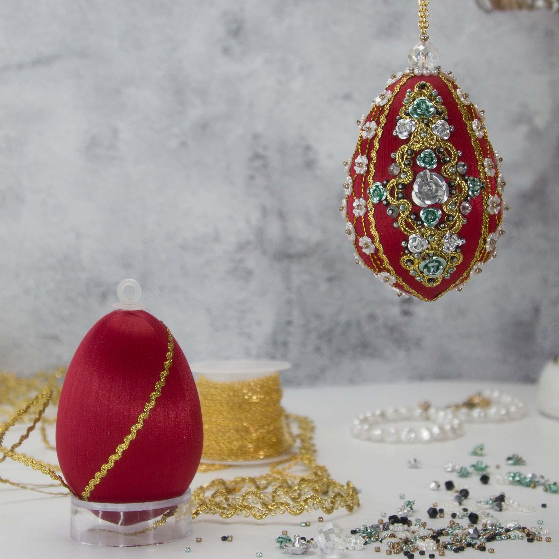 Easter  or Beaded Ornament Kit Project, DIY using pins and embellishments. (Dark Red).