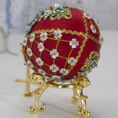 Easter or Christmas Beaded Ornament embellished with crystals, beads, and metallic trim . Bottom detail. (Dark Red).