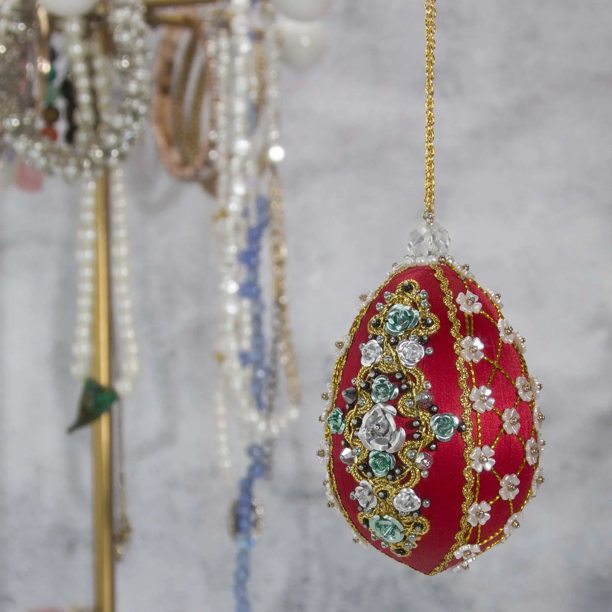 Easter or Christmas Beaded Ornament embellished with crystals, beads, and metallic trim . (Dark Red).