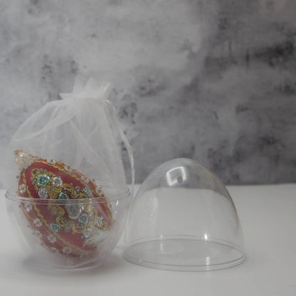 Packaging for Satin Ornament Easter Egg Christmas Ornament, rhinestones, beads, lace. (Dark Red)