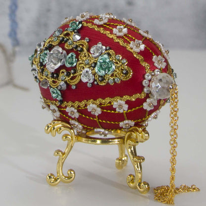 Easter or Christmas Beaded Ornament embellished with crystals, beads, and metallic trim . Bottom detail. (Dark Red).