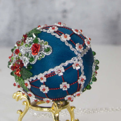 Easter or Christmas Beaded Ornament embellished with crystals, beads, and metallic trim . Top  detail. (Dark Slate Blue).
