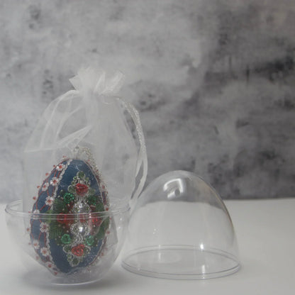 Easter or Christmas Beaded Ornament embellished with crystals, beads, and metallic trim .Packaging. (Dark Slate Blue).