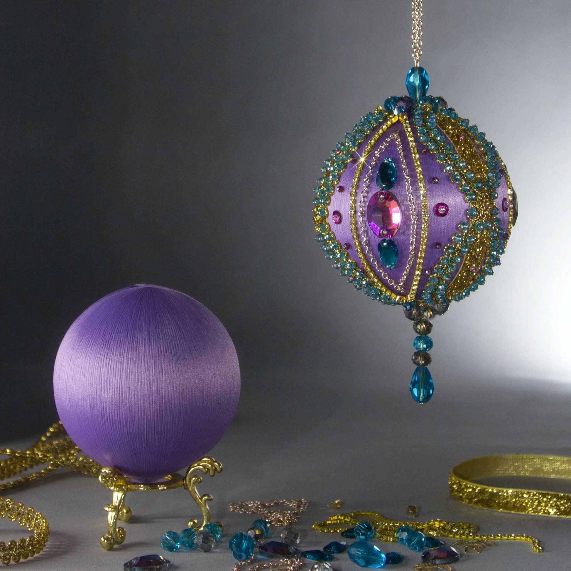 Christmas Beaded Ornament Kit Ball embellished with glass rhinestones, gold braided trim, and crystal beads. DIY. (Medium Purple).