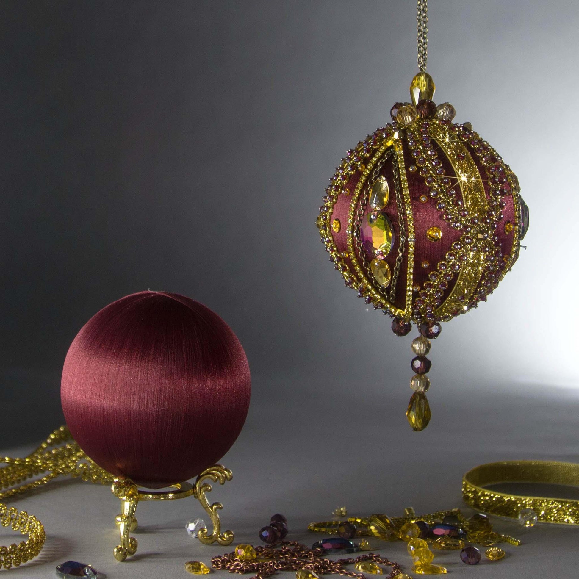 Christmas Beaded Ornament Kit Ball embellished with glass rhinestones, gold braided trim, and crystal beads. DIY. (Maroon).