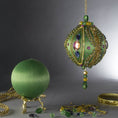 Load image into Gallery viewer, Christmas Beaded Ornament Kit Ball embellished with glass rhinestones, gold braided trim, and crystal beads. DIY. (Olive).
